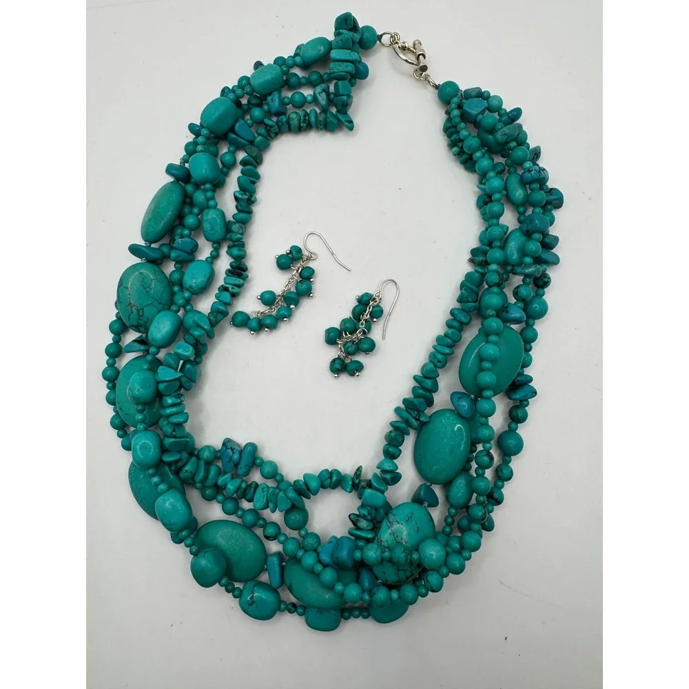 Turquoise Stone Multi Strand Statement Necklace and Dangle Earring Set Boho Vtg